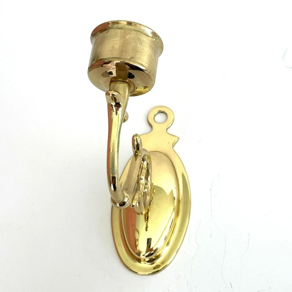 Vintage Polished Brass Wall Sconce Candle Holder Scroll Arm Oval Backplate Gold